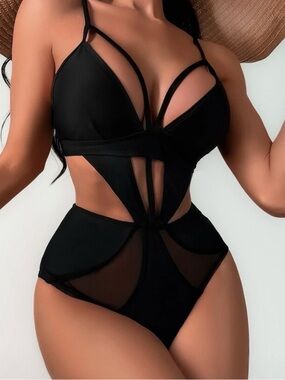 SHEIN Black Strappy Cutout One-Piece Swimsuit